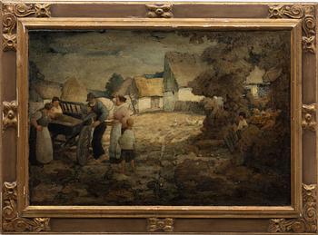 Gottfrid Olsson, Village scene with figures and cart.