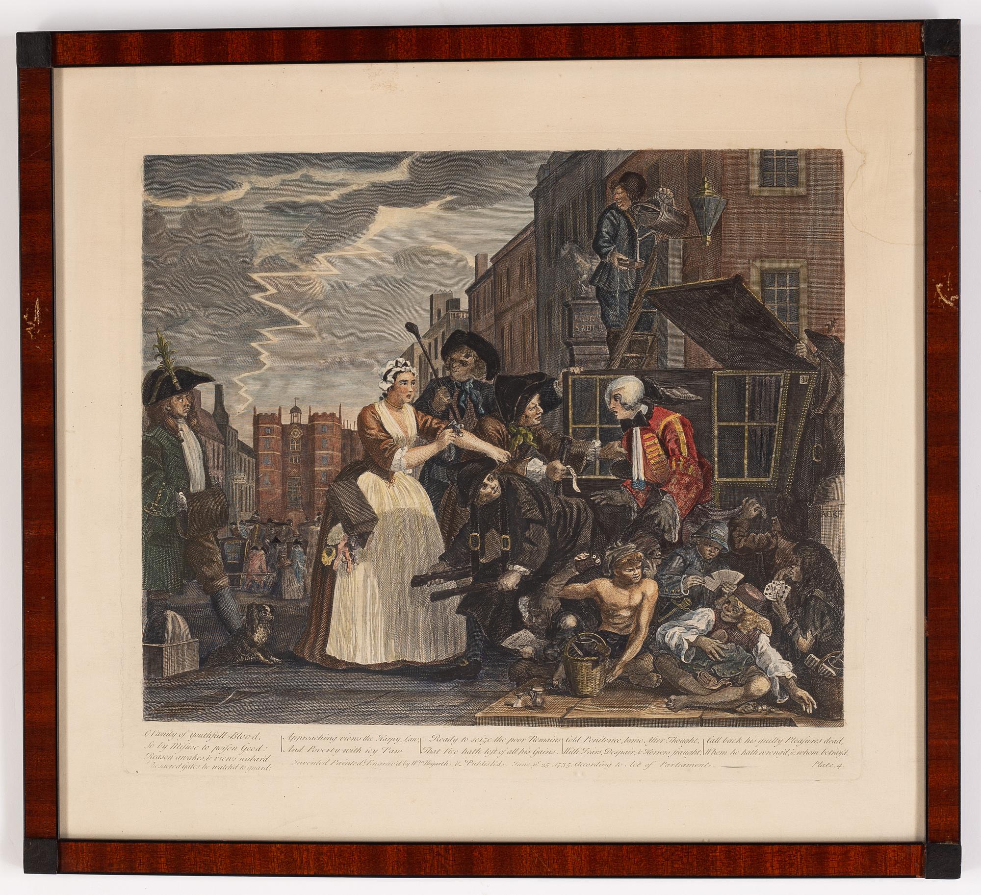 William Hogarth, efter, åtta stycken kolorerade etsningar och gravyrer.