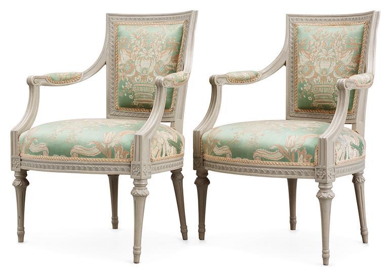 A pair of Gustavian late 18th century armchairs by J. E. Höglander.