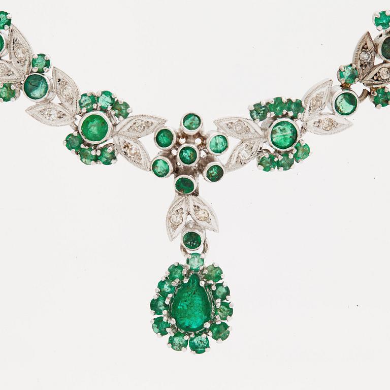 A pear- round- mixed cut emerald and eight cut diamond necklace. 1970's.