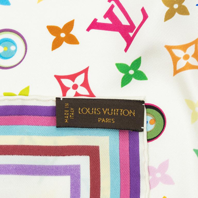 Louis Vuitton, a Limited Edition White Multicolour 'Eye Love You' silk scarf by Takashi Murakami.