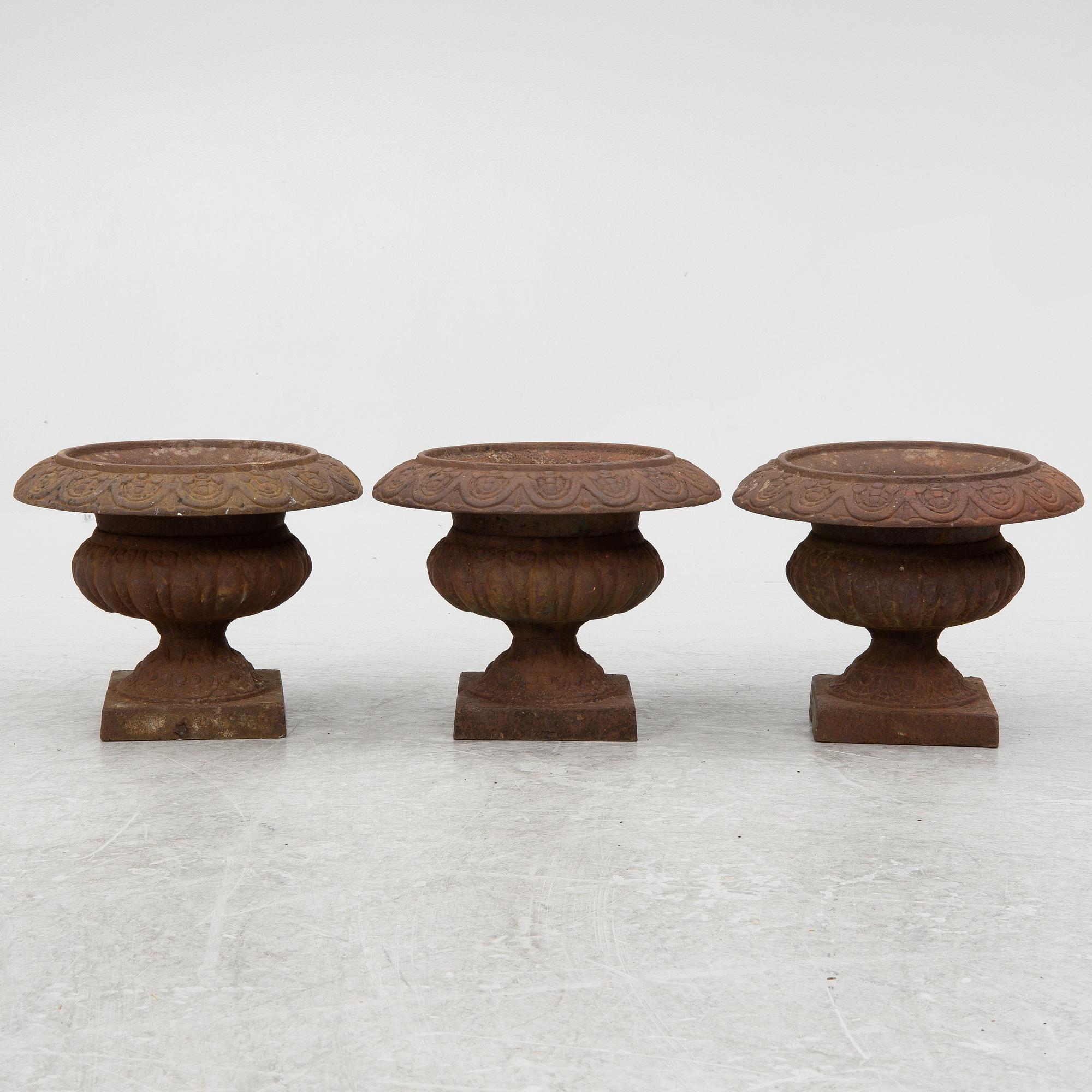 Garden urns, 3 pcs, cast iron, late 20th century.