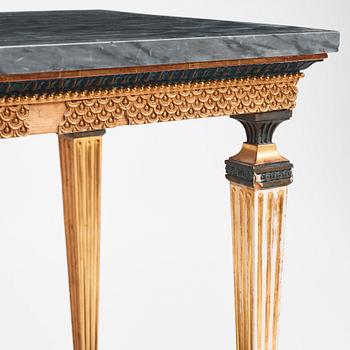 A late Gustavian giltwood, patinated and Bleu Turquin console in the manner of J. Frisk, Stockholm circa 1800.