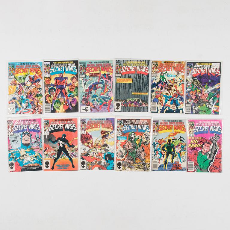 Serietidningar, 45 st, kompletta serier, Secret Wars I, II, III, Marvel, USA, 1984-88.