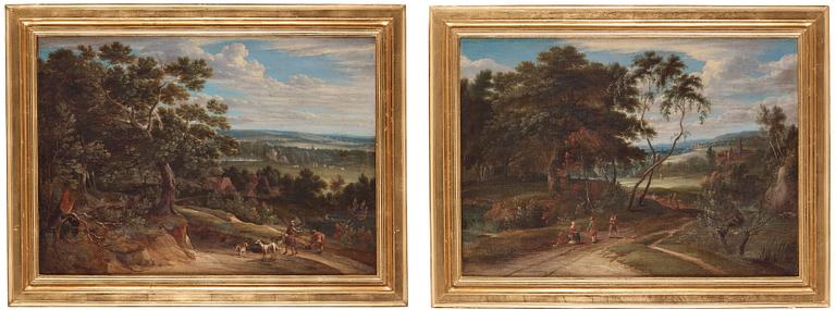 Louis Chalon Circle of, Extensive landscapes with walking figures, a pair.