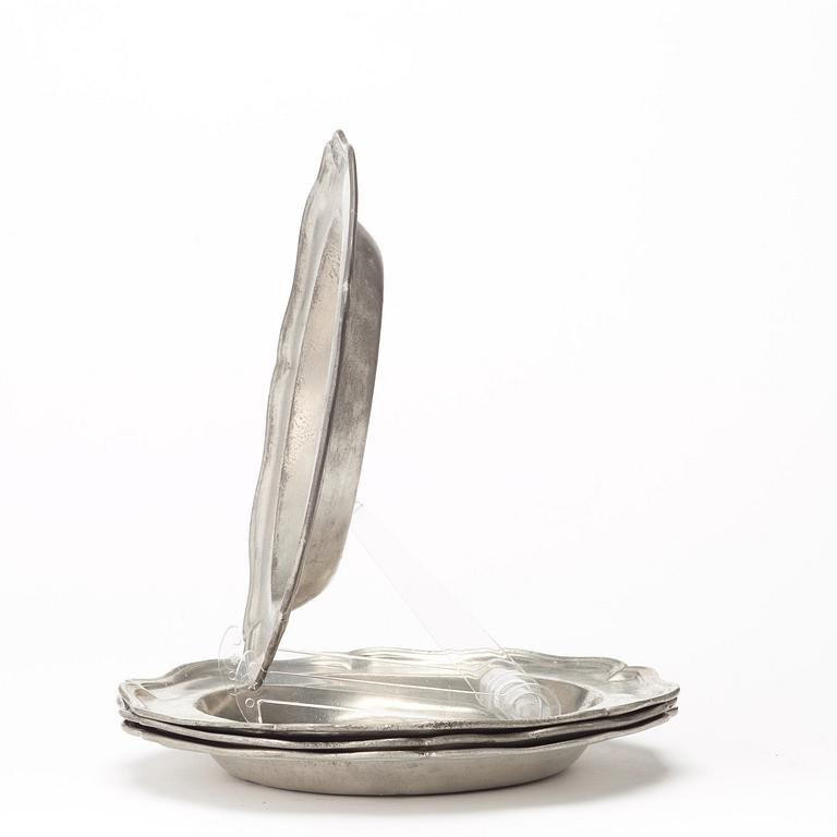 Four Swedish Rococo 18th century pewter plates.