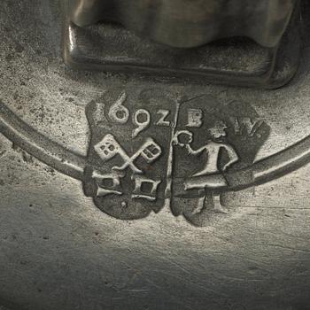 A Baroque 17th century serpentine stone and pewter jar with cover.