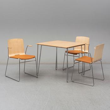 A set of three chairs by Pierre Sindre and a dining table, Gärsnäs.