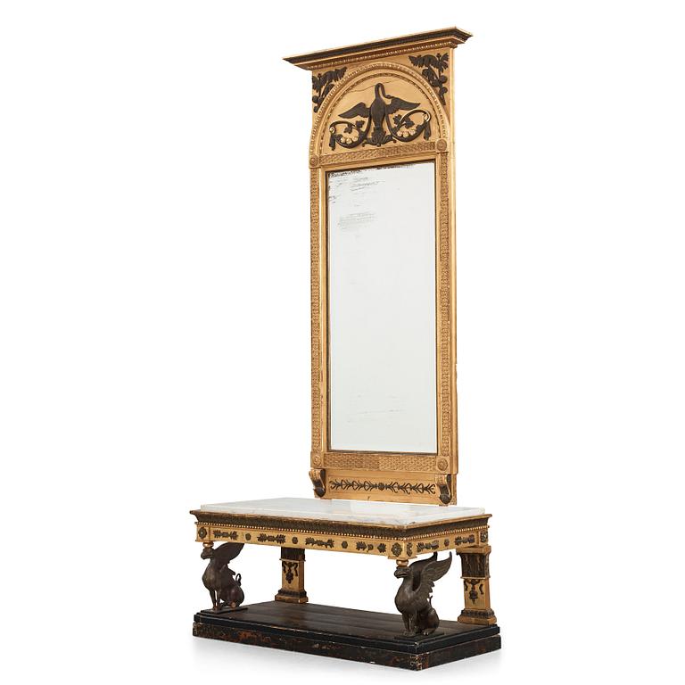 An Empire mirror with console table, attributed to N Frisk (Stockholm 1805-24).