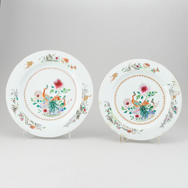 A set of two famille rose "double peacock" serving dishes, Qing dynasty, Qianlong (1736-95).