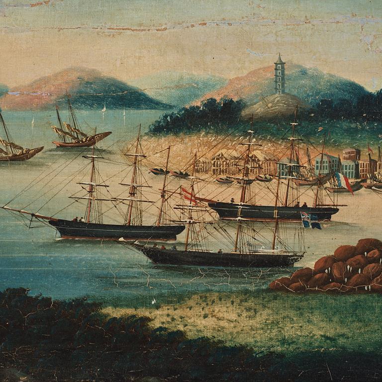 A oil painting of Whampoa Anchorage, Chinese School, Qing dynasty, 19th Century.