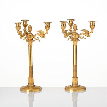 A pair of three-branch Empire-style ormolu candelabra, 19th century.