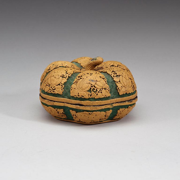 A green and yellow carved lacquer box with cover, Qing Dynasty (1644-1912).