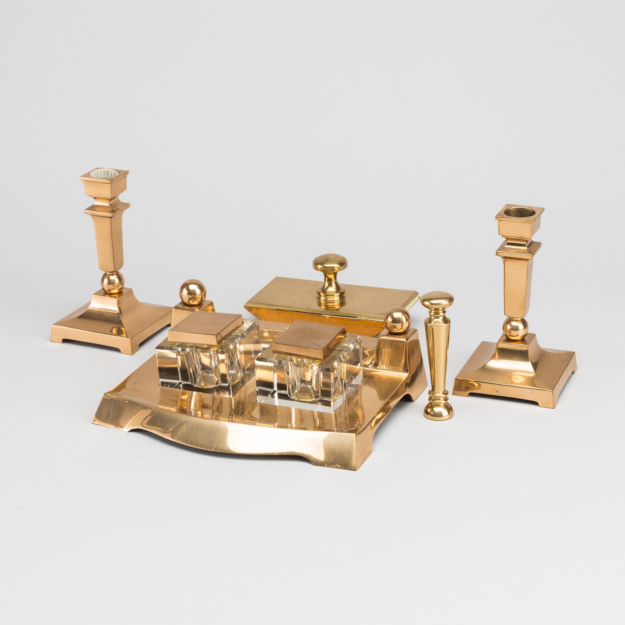SIX PIECES BRASS INKWELL DESK SET, first half of the 20th century.