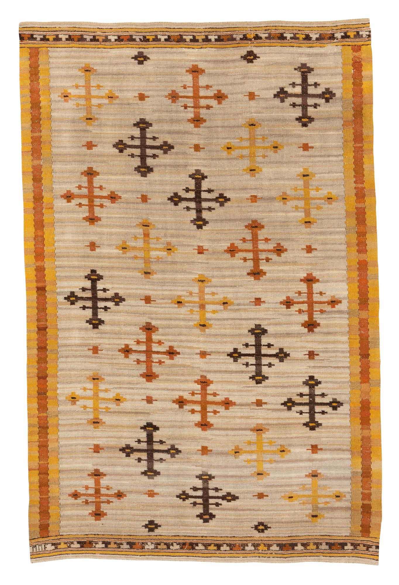 Märta Måås-Fjetterström, draperi, "Gula Dubbelkorset", rölakan och gobelängteknik, ca 235,5-239 x 154-155,5 cm, signerat MMF.