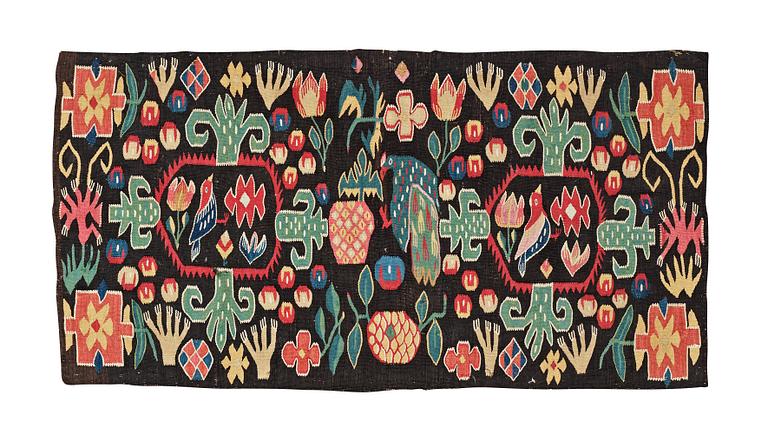 CARRIAGE CUSHION. "Birds and flowers". Tapestry weave. 51,5 x 96 cm. Scania, Sweden, second half of the 18th century.