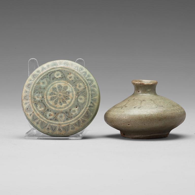 A Korean vase and cosmetic box with cover, Koryo, 13th Century.