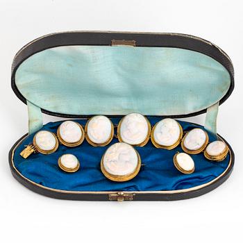 Set with brooch, earrings, bracelet with carved sea shell cameos.