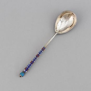 A Russian early 20th century silver and enamel spoon, mark of probably Matryena Andreyevna, Moscow 1899-1908.