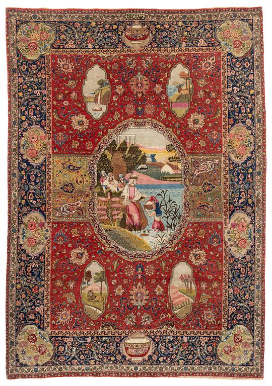A signed semiantique pictoral Tabriz carpet, c. 269 x 189 cm.