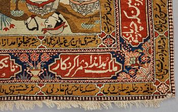 A RUG, a semi-antique Kashan figural, possibly Motachem, ca 202 x 140 cm.