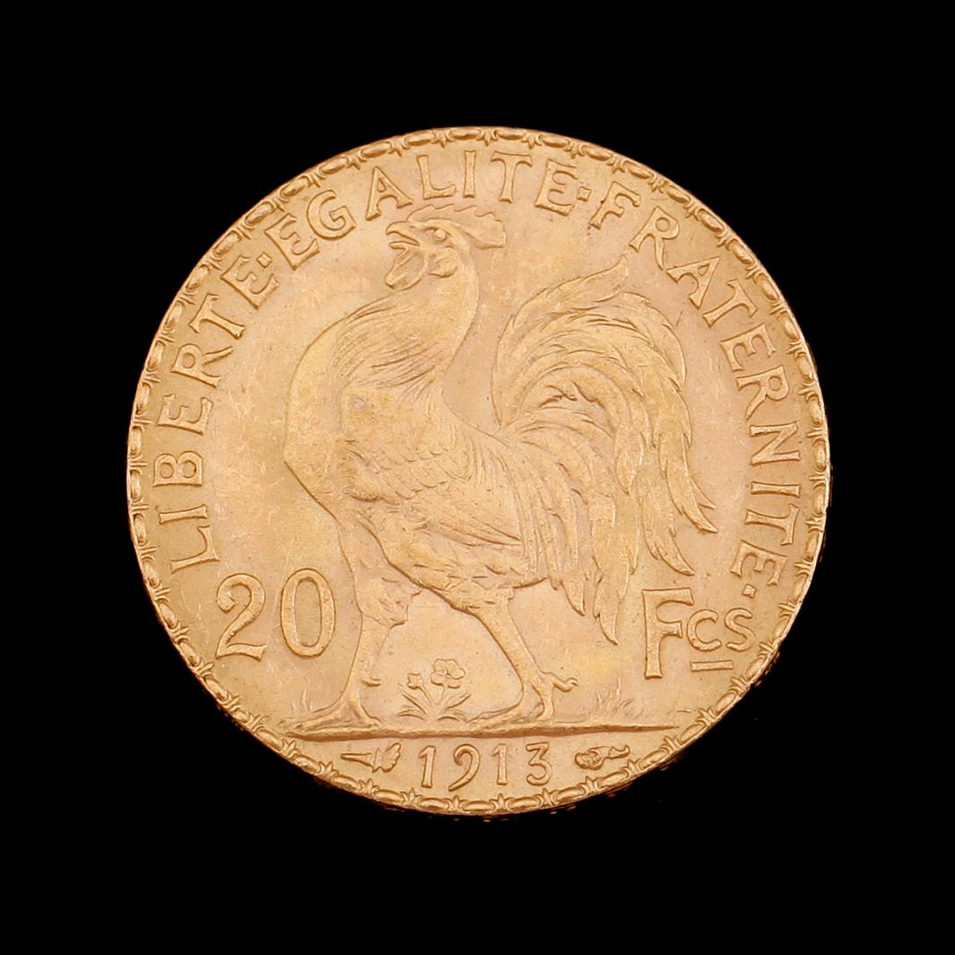 GULDMYNT, 20 franc, Frankrike, 1913. Vikt ca 6 gram.