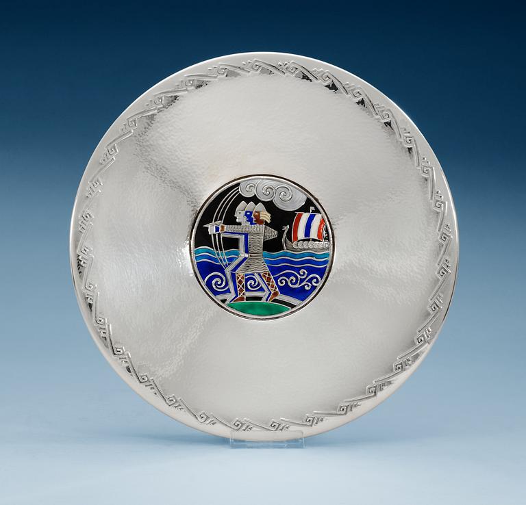 a N.M Thune sterling and enamel dish with viking motives, Norway 1950's.