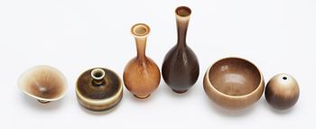 A set of six Berndt Friberg stoneware miniatures, Gustavsberg 1960's.