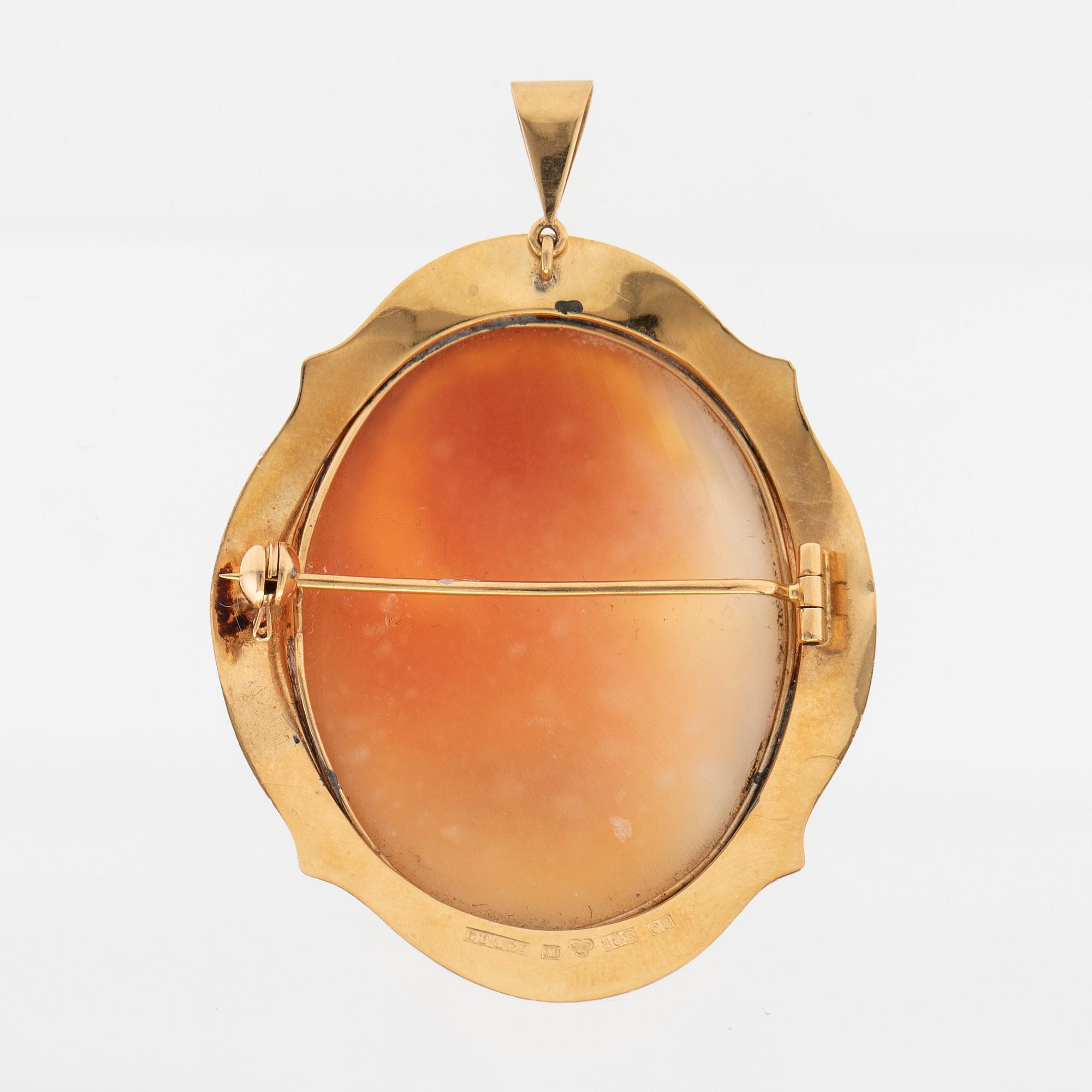 Brooch, 18K gold with shell cameo.