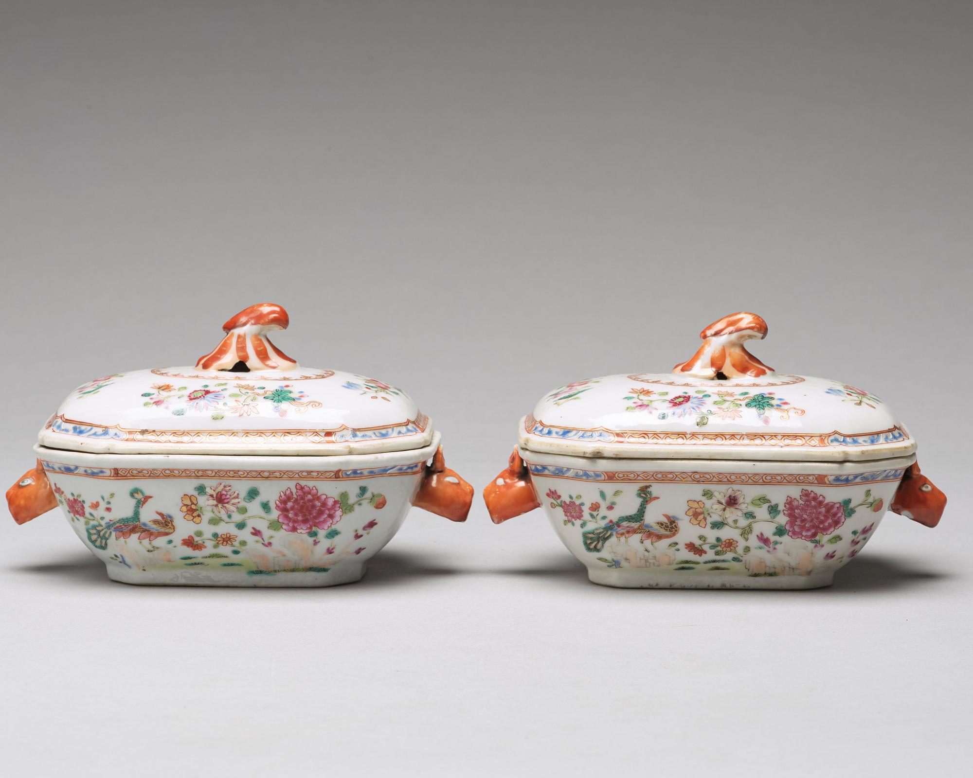 A pair of famille rose 'double peacock' butter tureens with covers and stands, Qing dynasty, Qianlong (1736-95).