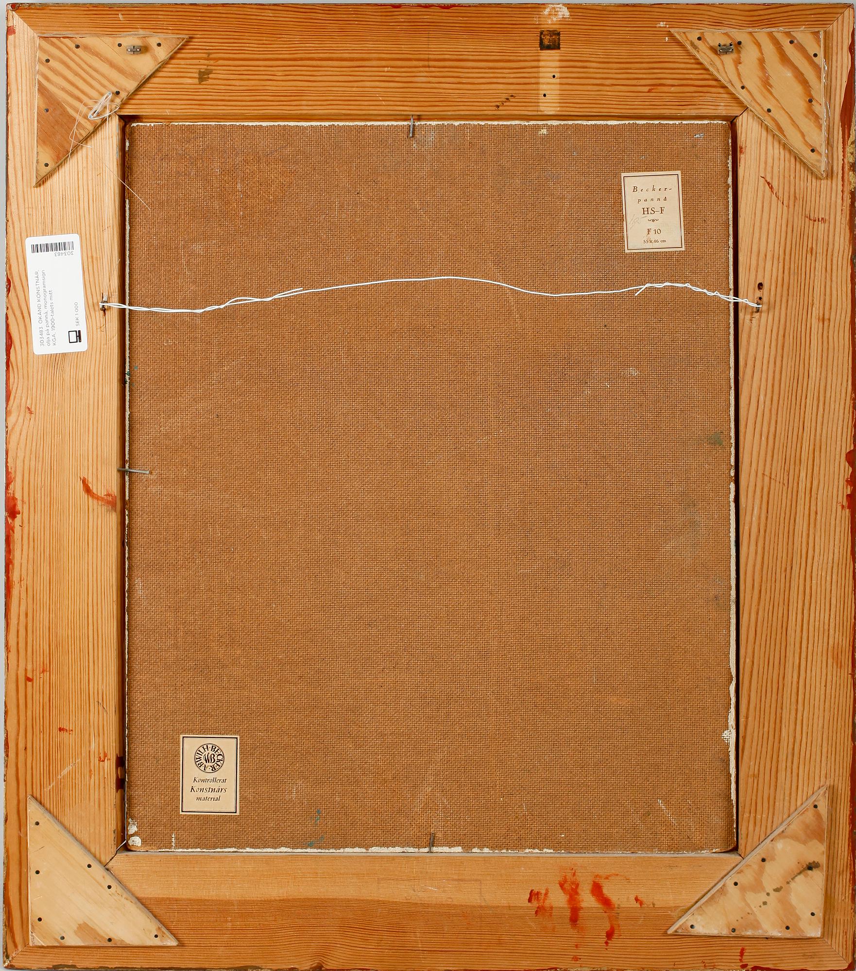 OKÄND KONSTNÄR, olja på pannå, monogramsign KGA, 1900-talets mitt.