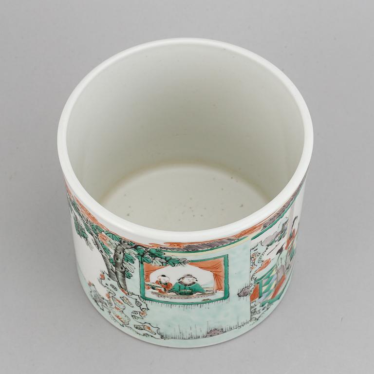 A Chinese famille verte porcelain brush pot, Kangxi style, 20th century.