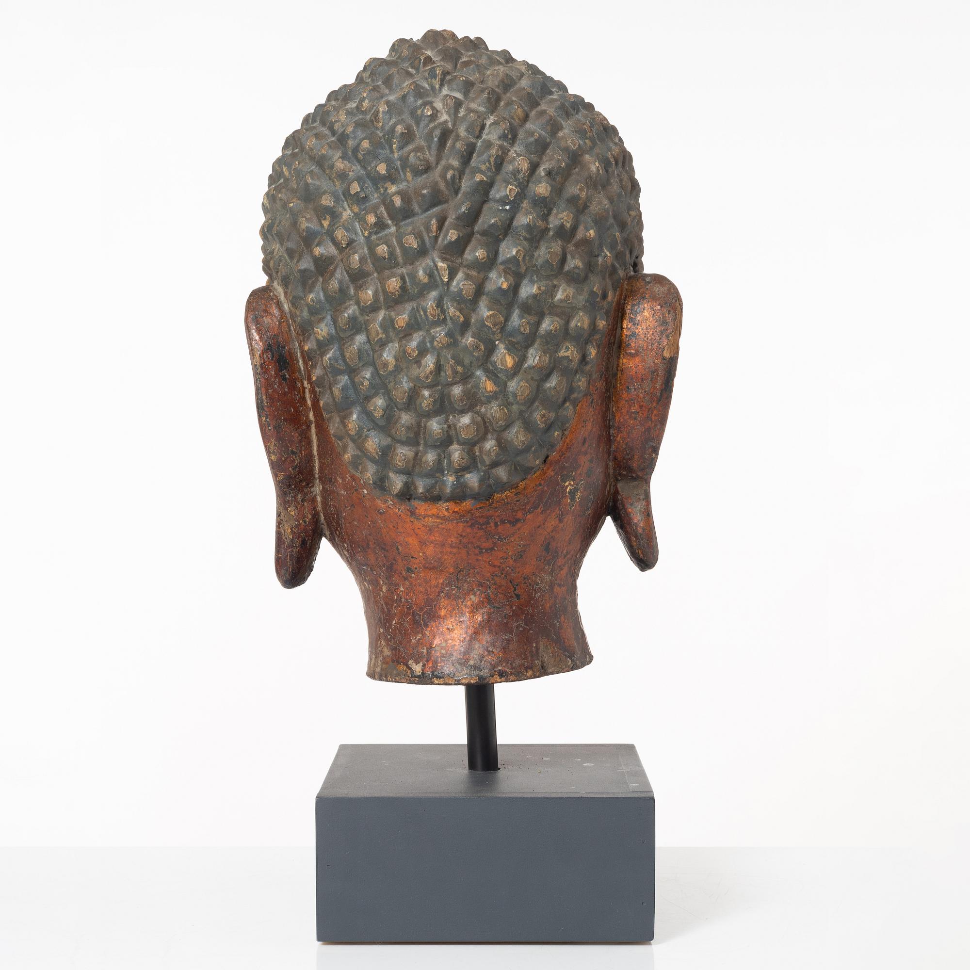 Skulptur, Buddha-huvud, lackerat trä, Mingstil men senare.