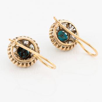 A 14K gold ring and a pair of earrings with turquoises and old cut diamonds.