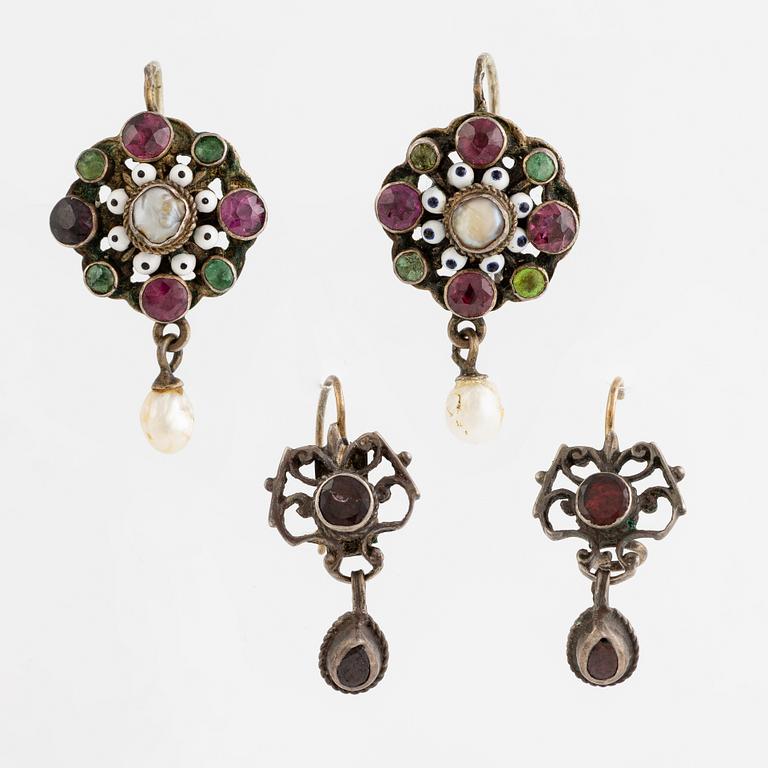 Earrings, two pairs, silver, enamel, pearls, glass stones.
