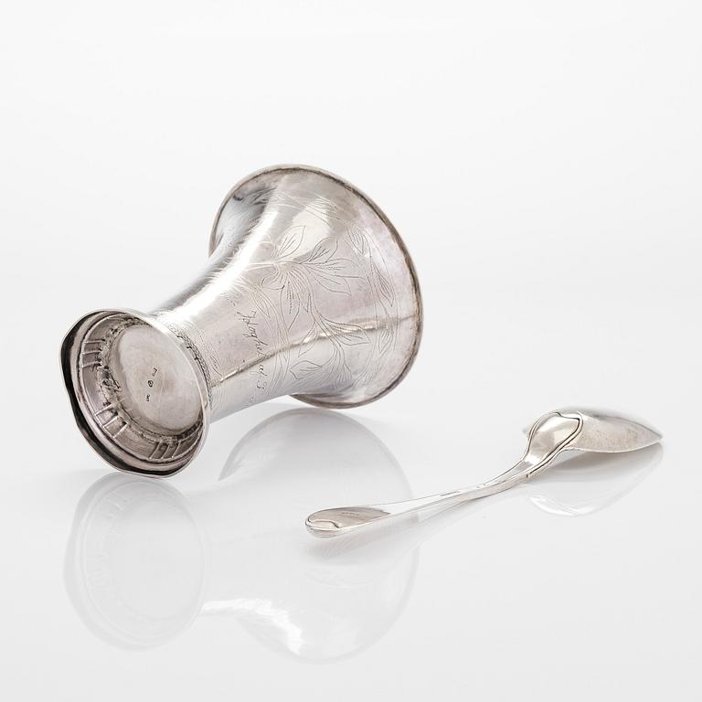 A silver beaker, maker's mark Isak Carlstedt, Porvoo ca. 1831, and silver spoon by Carl Fredrik Borgström, Turku 1803.