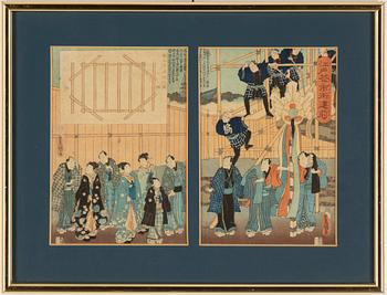 Utagawa Kunisada, diptyk, färgträsnitt. Japan, 1800-tal.