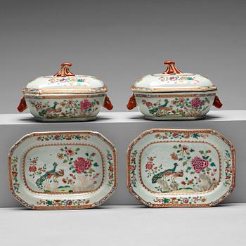 A pair of famille rose 'double peacock' tureens with cover and stands, Qing dynasty, Qianlong (1736-95).