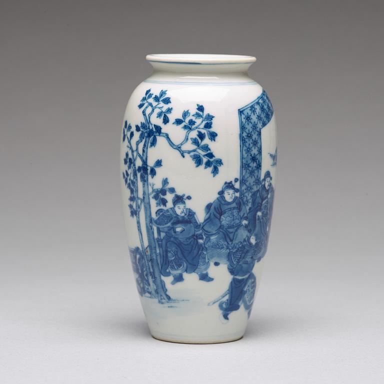 A blue and white vase, late Qing dynasty with Kangxi mark.