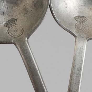 TWO 19TH CENTURY PEWTER SPOONS.