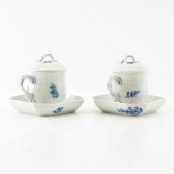 Cream cups with saucer and lid, 1 pair "Blue Flower" Royal Copenhagen Denmark porcelain.