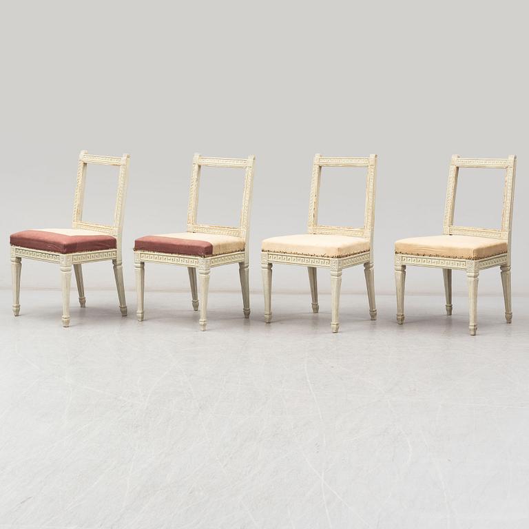 Four painted Gustavian chairs from around 1800.