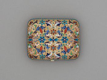 A Russian silver-gilt and enamel cigarette-case, makers mark of Nikolas Strulyev, Moscow 1883-1908.