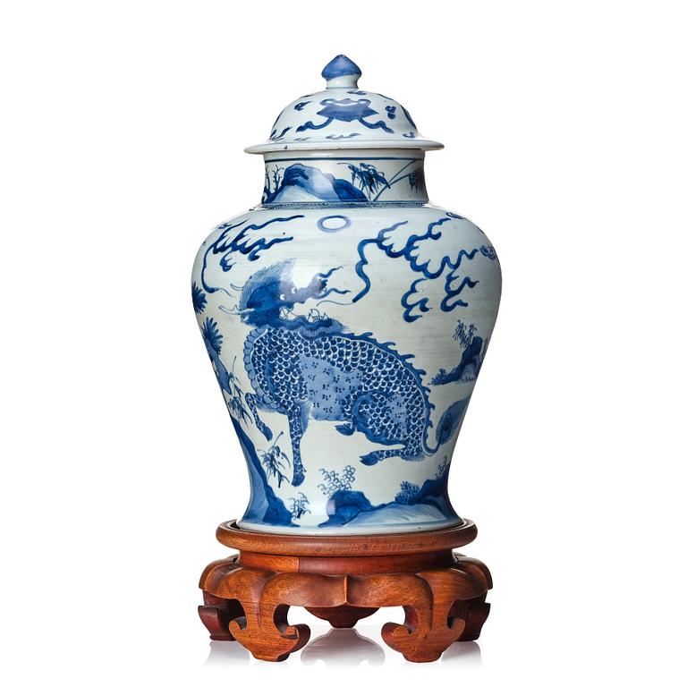 A Transtional blue and white baluster jar with cover, 17th Century.