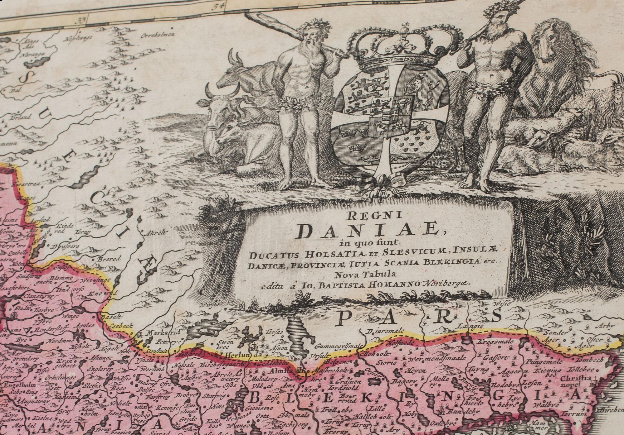 KARTA Regni Daniae, Johan Homann 1700-tal, handkolorerat kopparstick.