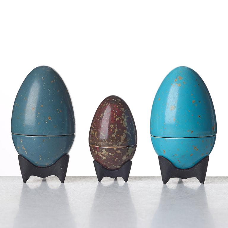 Hans Hedberg, a group of three faience sculptures of eggs, Biot, France.