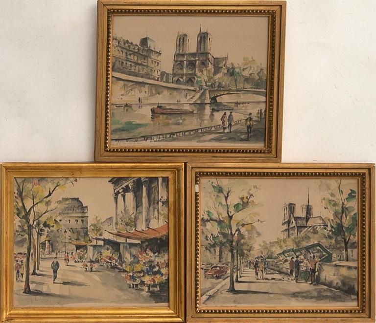 Unknown artist 20th century, 3 pieces Motifs from Paris.