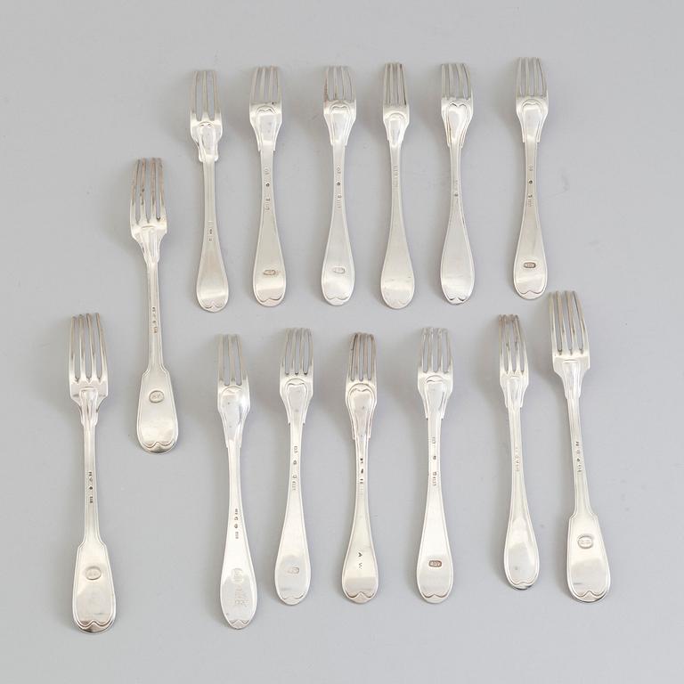 14 Swedish 19th century silver forks.