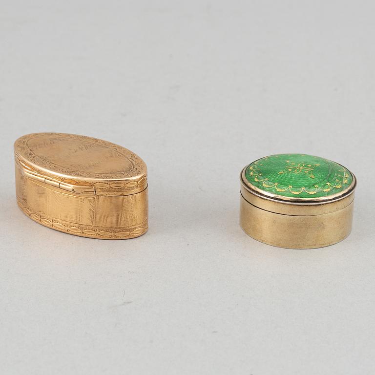 Dosa, guld, samt dosor, 4 st, silver. 1800-1900-tal.