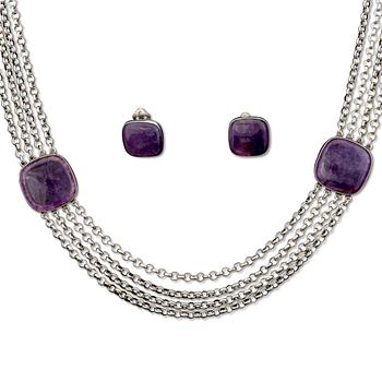 127. BÖRJE RAJALIN, NECKLACE and EARRINGS, amethysts, silver. Kalevala Koru 1989.